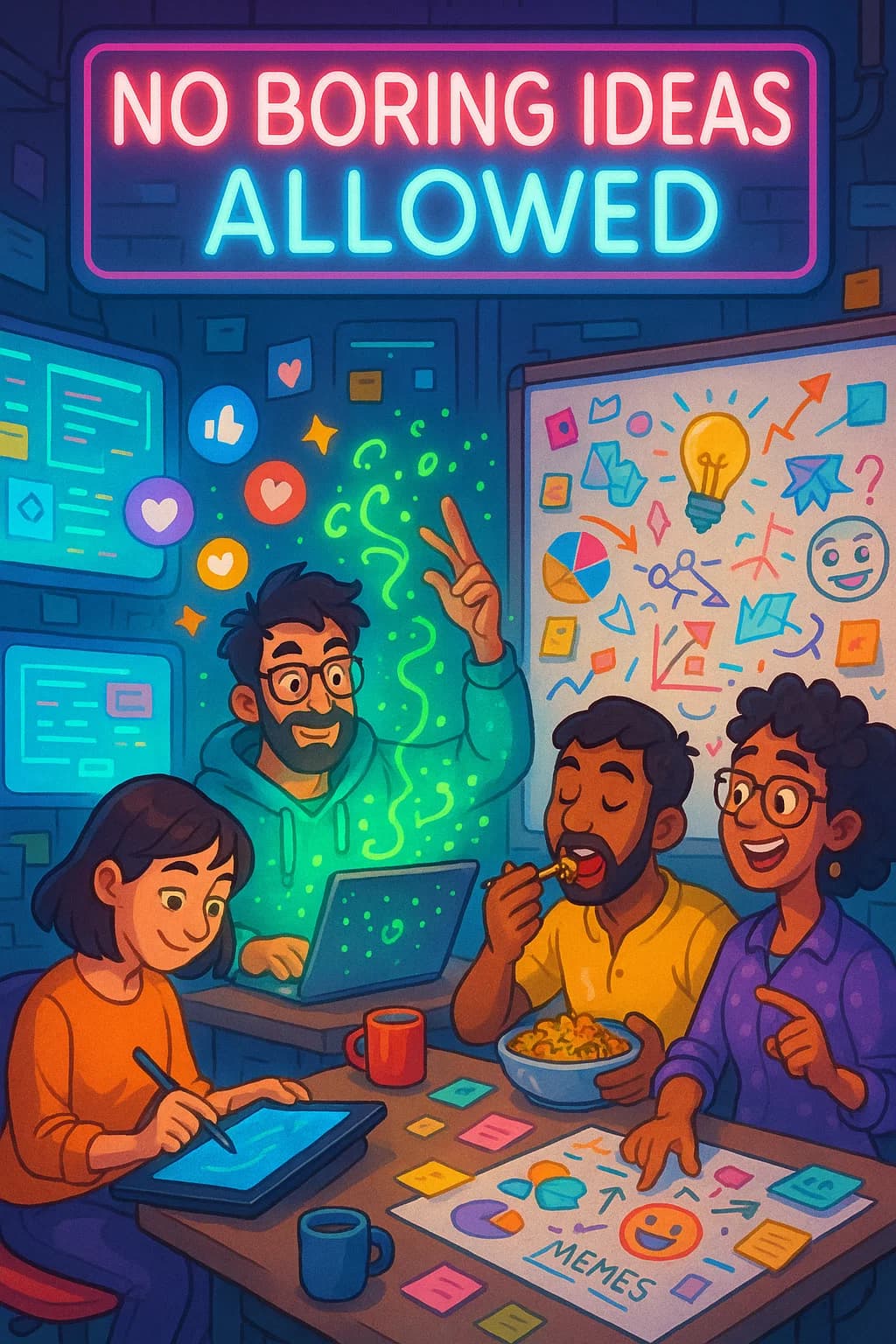 Man with beard wearing mustard shirt working on laptop at a white desk with plants and a glowing lamp in a modern room